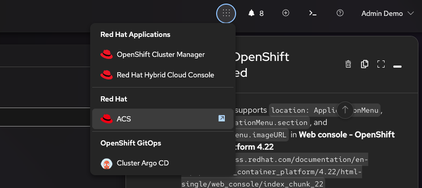 The ACS console link in the OpenShift application menu