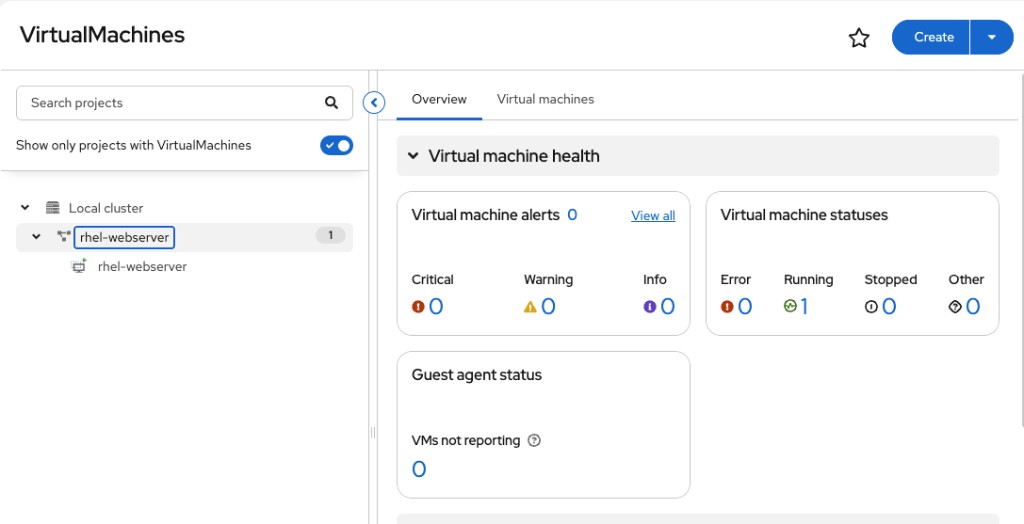 VirtualMachines overview for rhel-webserver